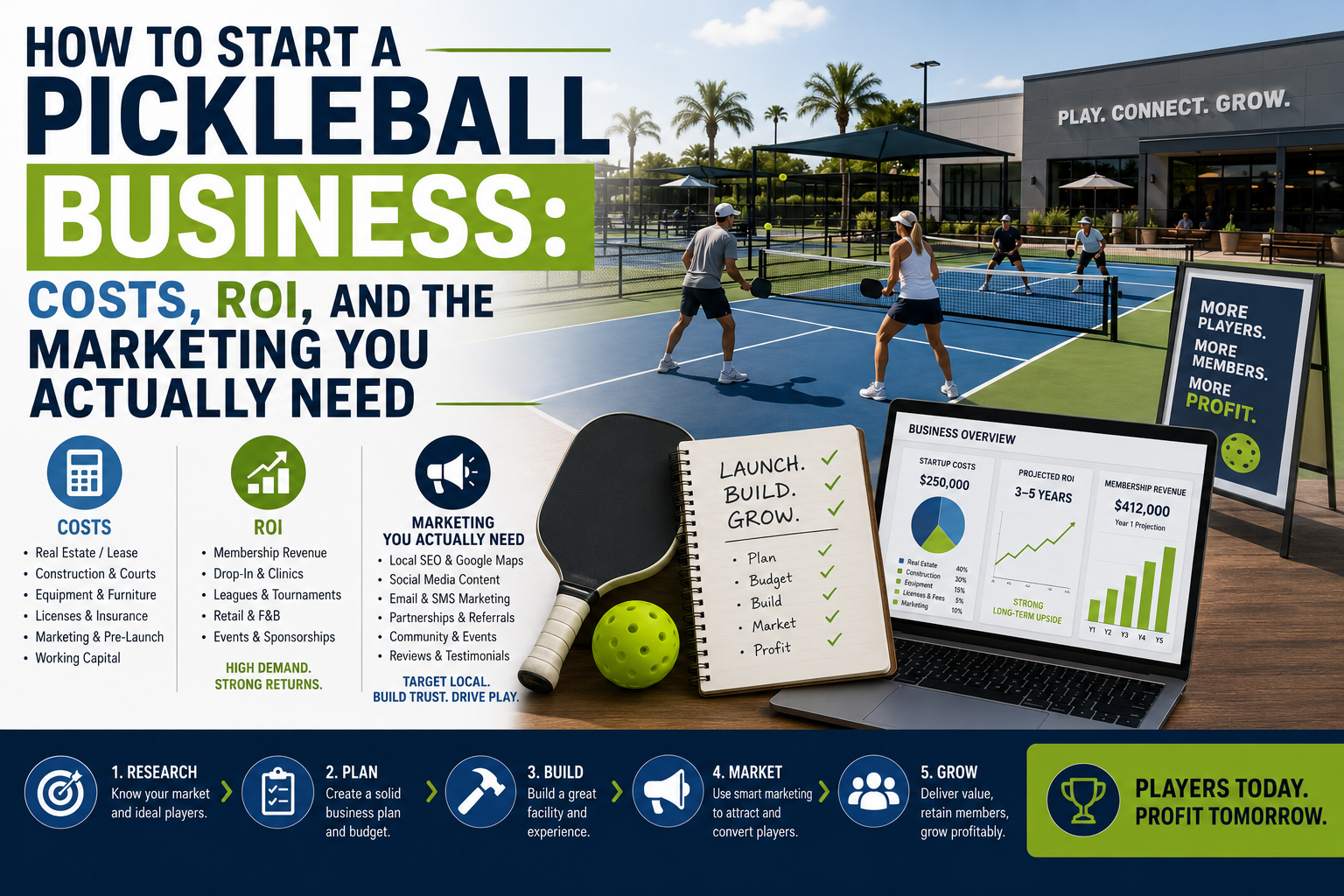Infographic showing how to start a pickleball business with startup costs, ROI projections, marketing channels, and a 5-step launch plan